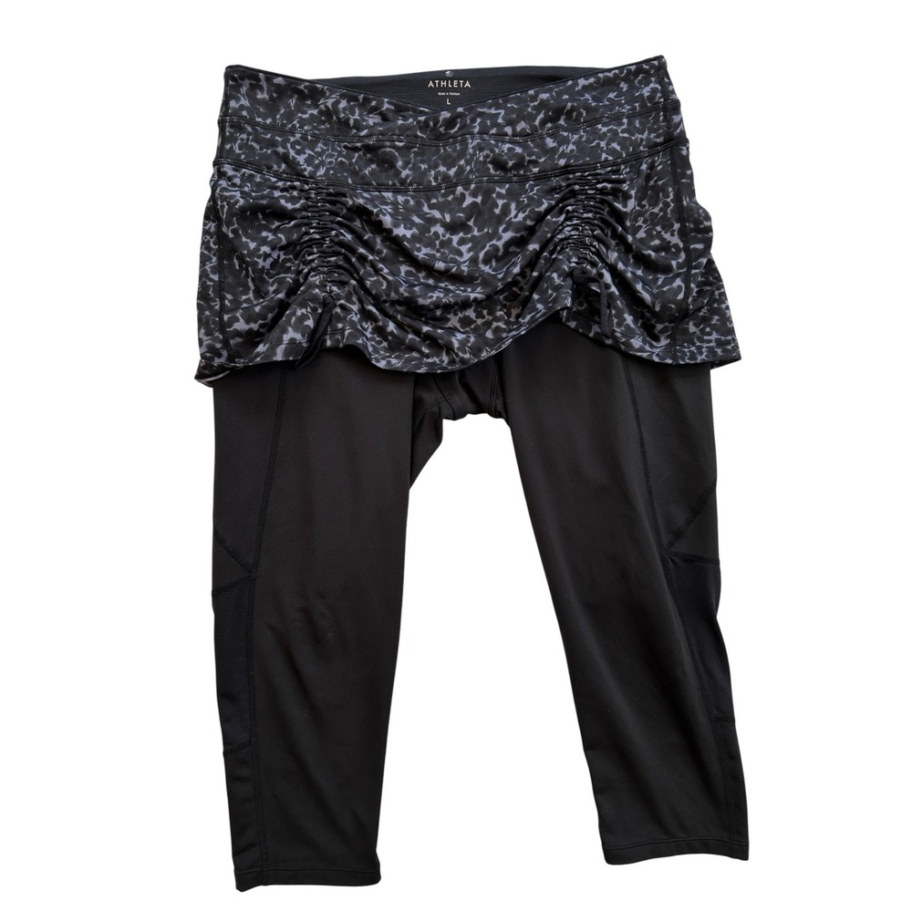 Athleta Skapri Ruched Skirted Leggings Women L Black Grey Animal Print Excellent